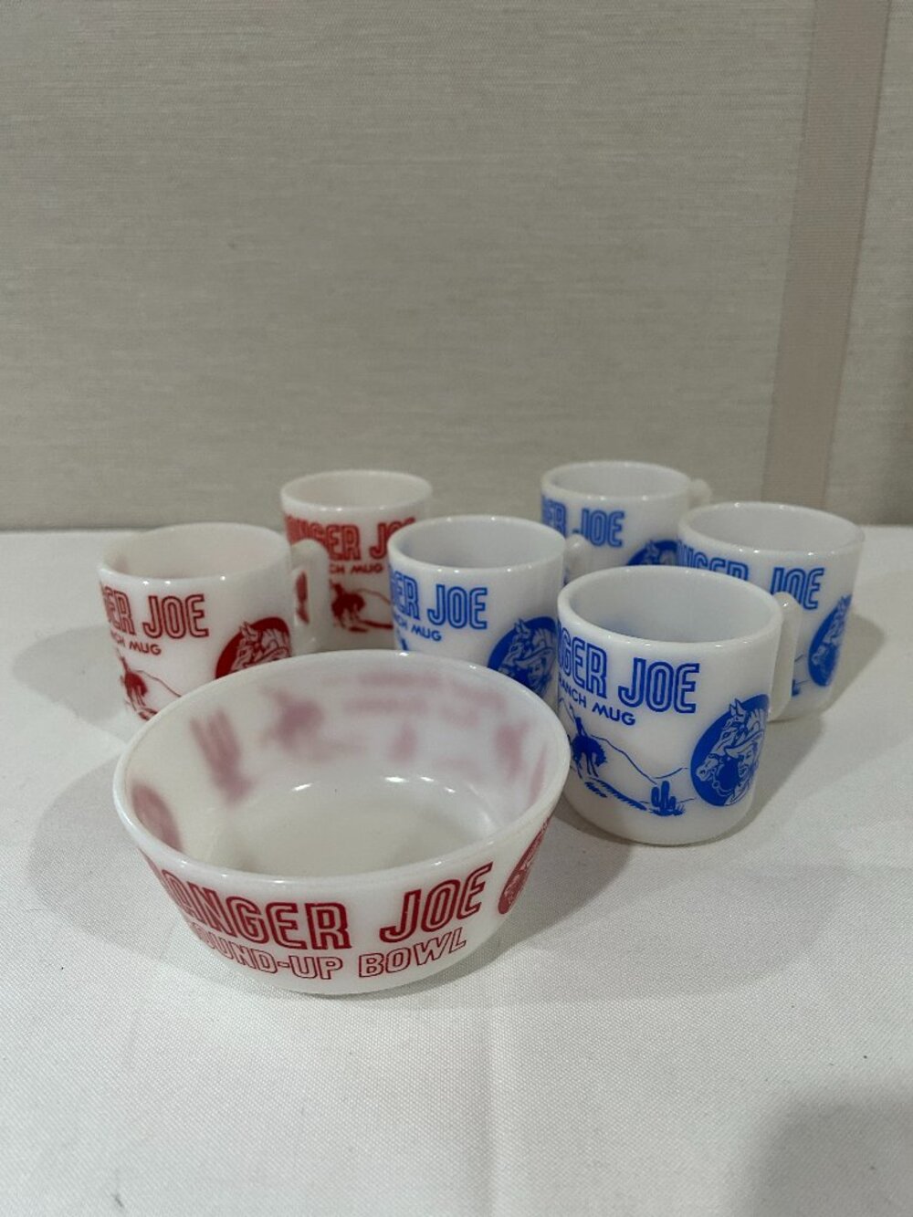 Hazel Atlas RANGER JOE Cereal Bowl & 6 Ranch Mug Set – Milk Glass Western Theme